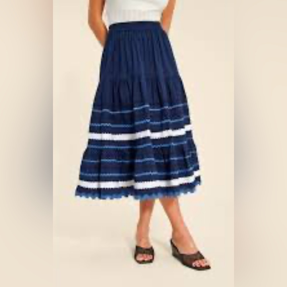 Rouje Fedia Skirt Blue and White Tiered Peasant Midi Skirt Resort Wear
